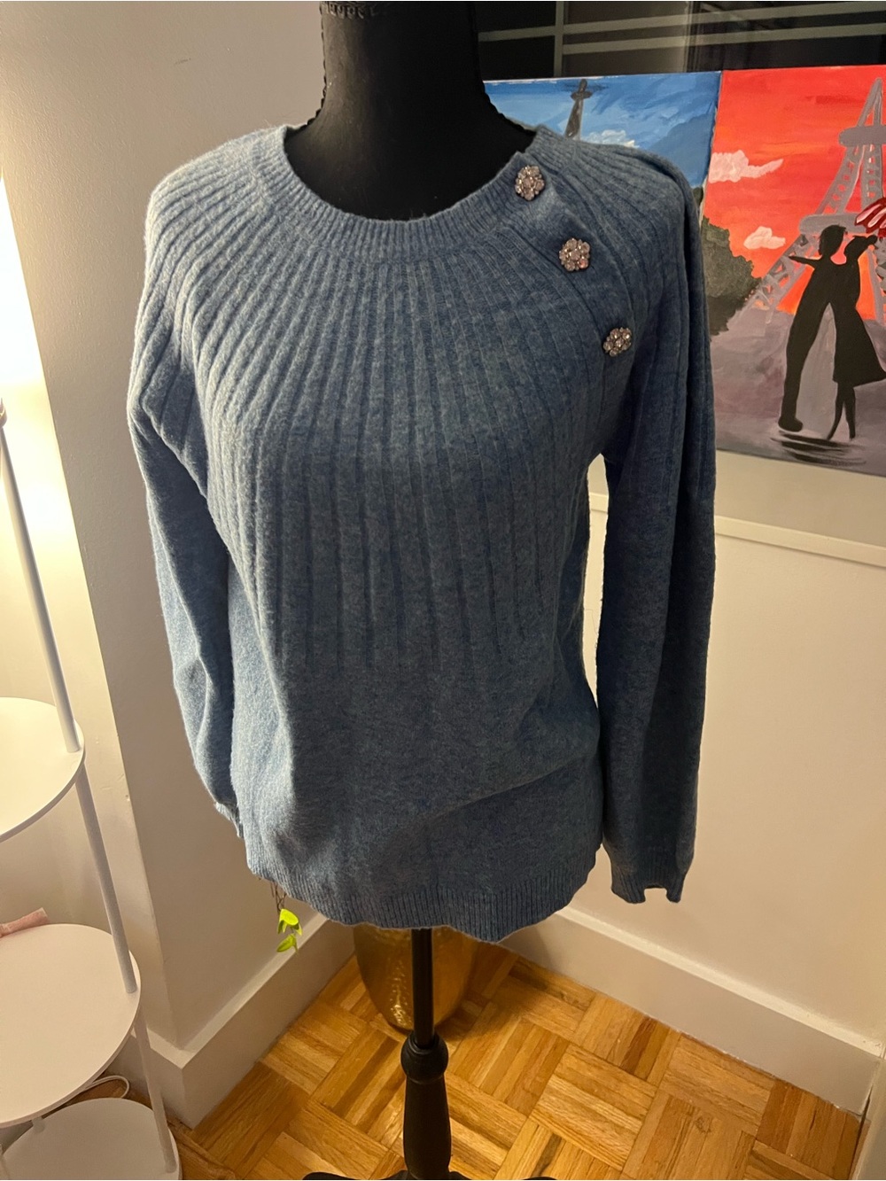 LOFT Dusty Blue Ribbed Crewneck Sweater with Floral Button Accents